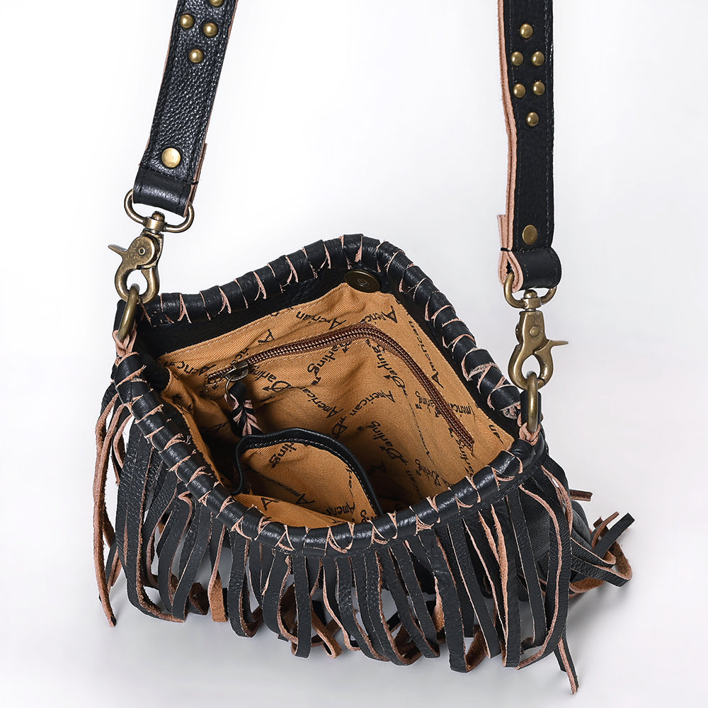 ADBGM482 Leather Fringe Crossbody Bag - Western Braided Top with Studded Strap