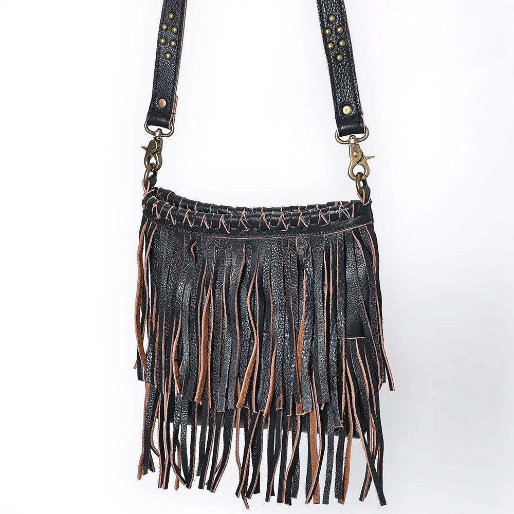 ADBGM482 Leather Fringe Crossbody Bag - Western Braided Top with Studded Strap