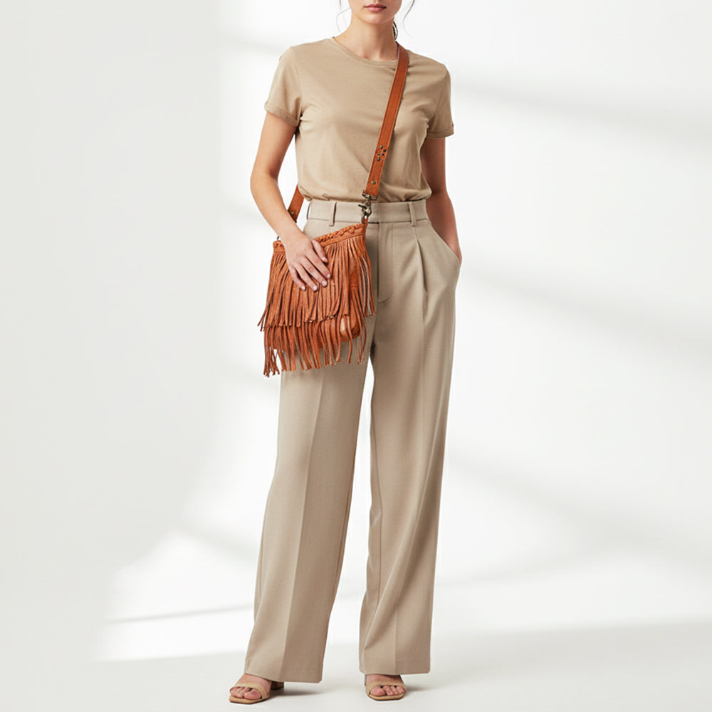 ADBGM482 Leather Fringe Crossbody Bag - Western Braided Top with Studded Strap