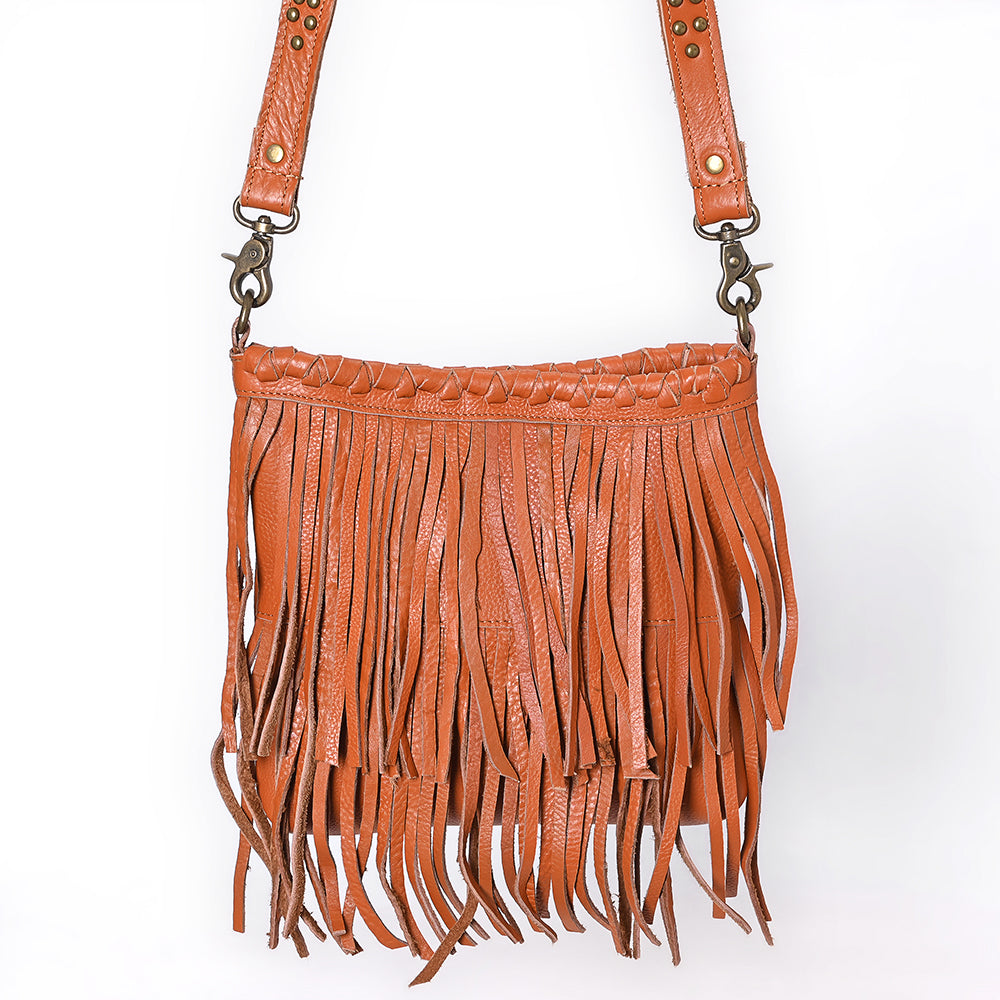 ADBGM482 Leather Fringe Crossbody Bag - Western Braided Top with Studded Strap