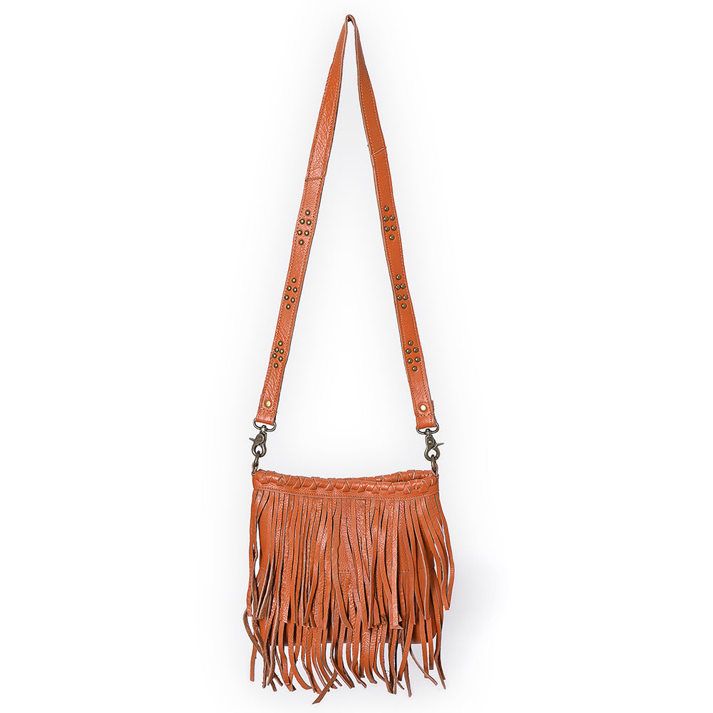 ADBGM482 Leather Fringe Crossbody Bag - Western Braided Top with Studded Strap