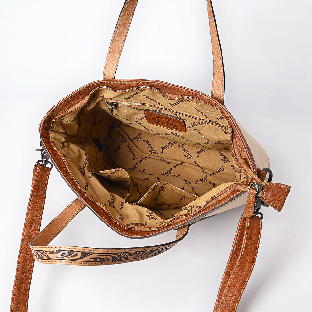 ADBG1714 Tote Bag with Hand-Tooled Genuine Leather Saddle Blanket Accents & Adjustable Strap