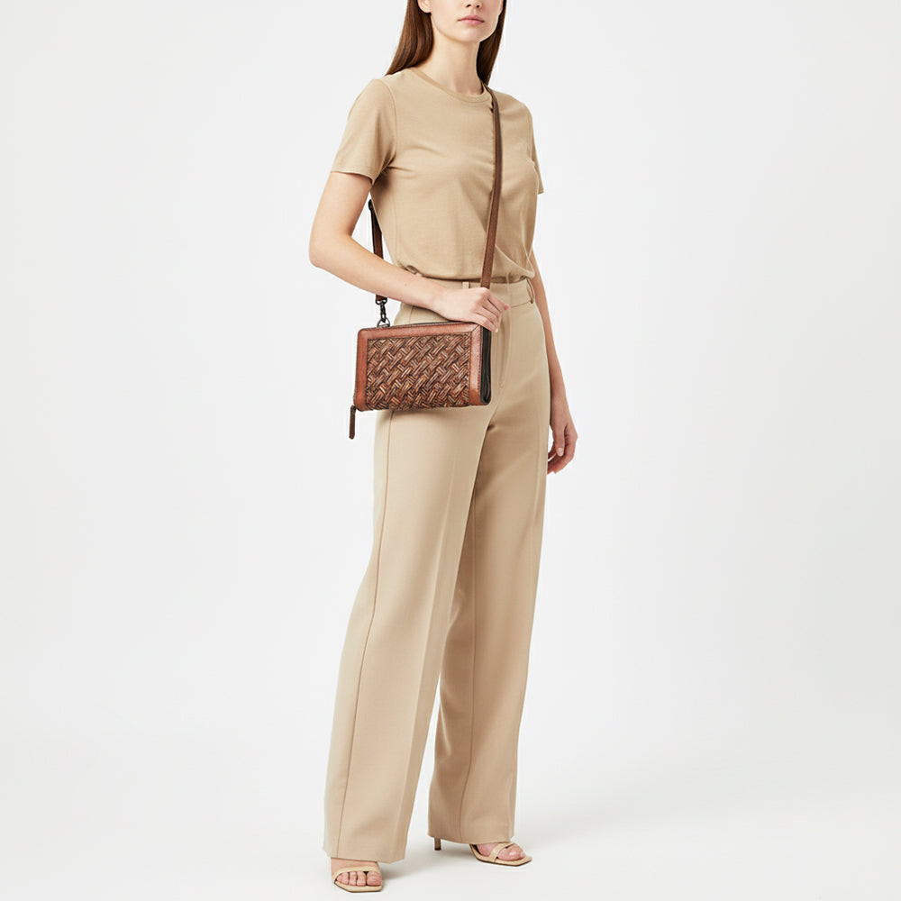 ADBG1716 Hand-Tooled Genuine Leather Crossbody Wallet with Adjustable Strap