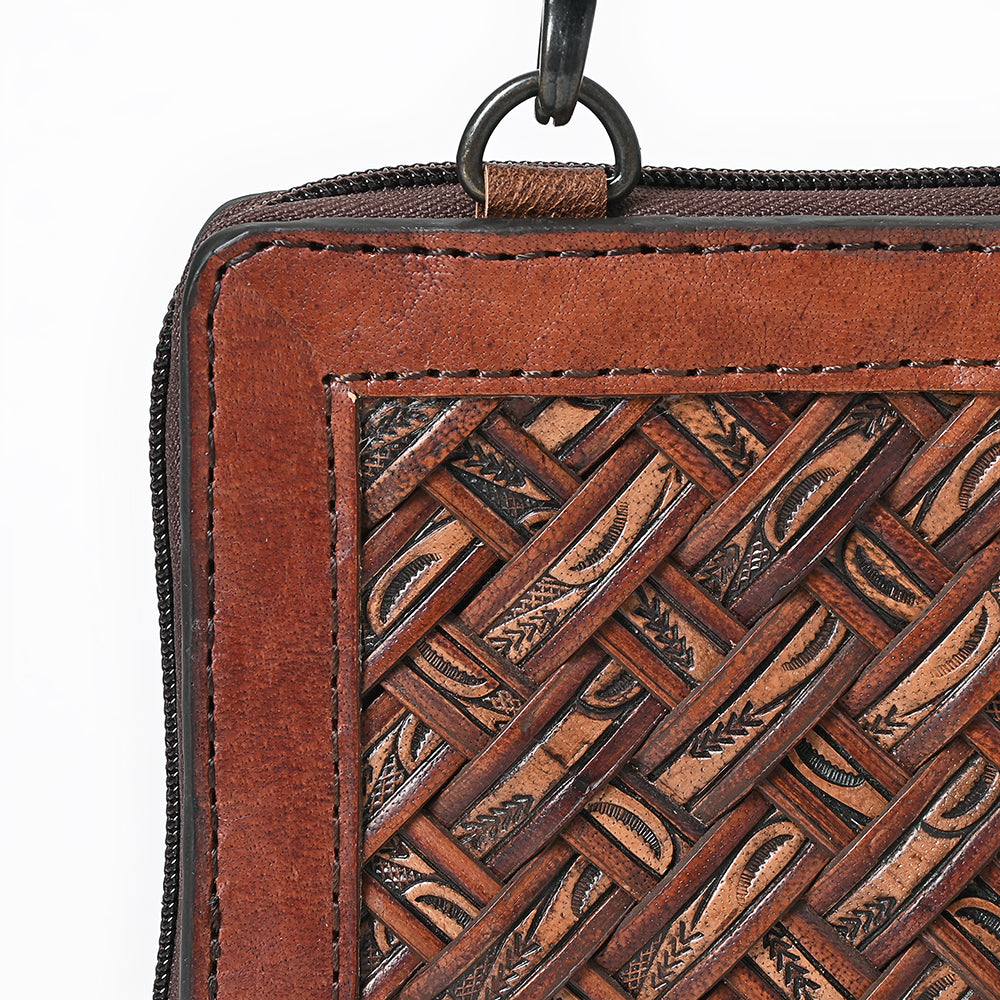 ADBG1716 Hand-Tooled Genuine Leather Crossbody Wallet with Adjustable Strap