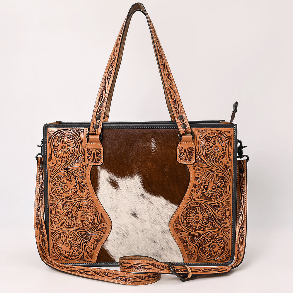ADBGZX109 Hand-Tooled Leather Tote Bag with Hair-On Hide and Floral Western Design