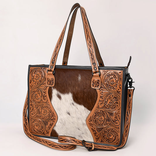 ADBGZX109 Hand-Tooled Leather Tote Bag with Hair-On Hide and Floral Western Design