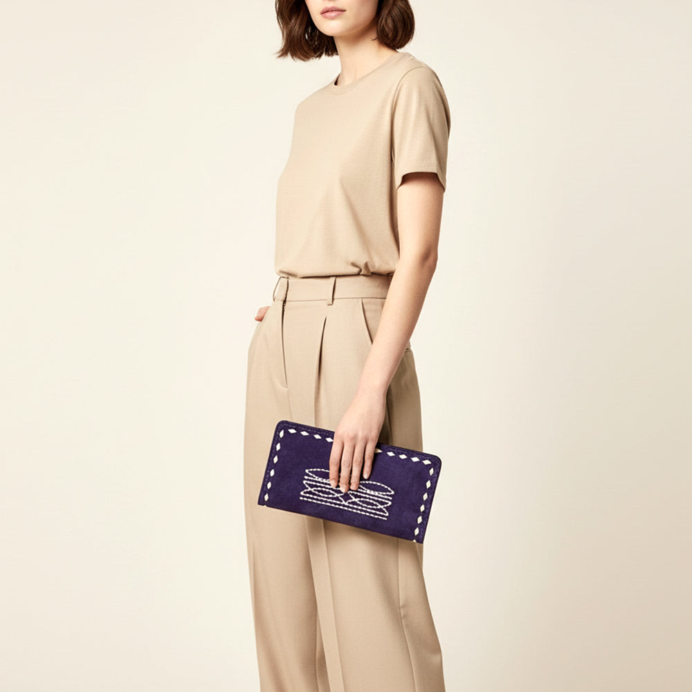 ADBG1687 Genuine suede Leather Wallet with White Whipstitch Embroidery - Western Style