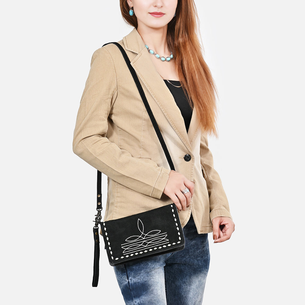 ADBG1717 Western Black Genuine suede Wallet Bag with White Stitch Embroidery