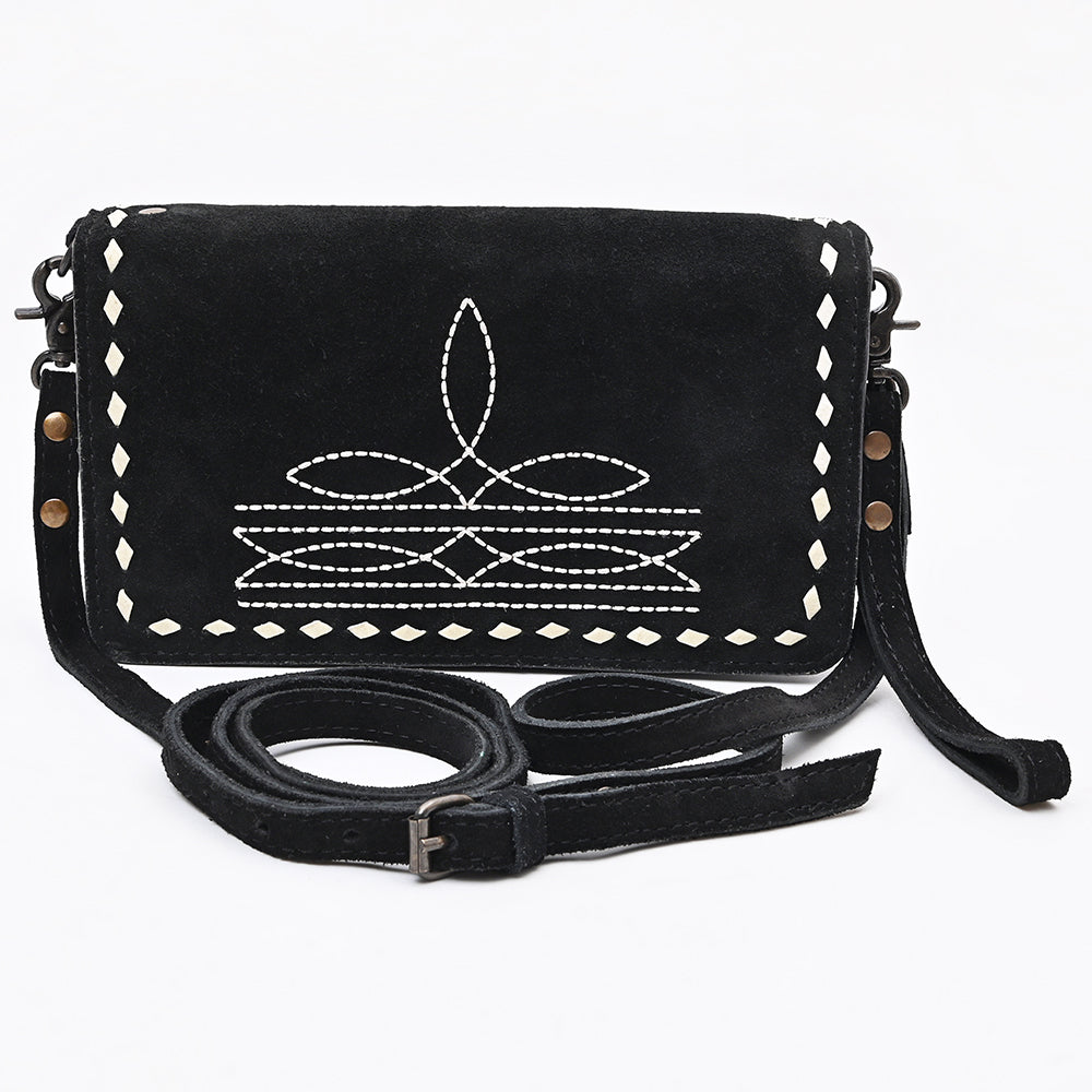 ADBG1717 Western Black Genuine suede Wallet Bag with White Stitch Embroidery