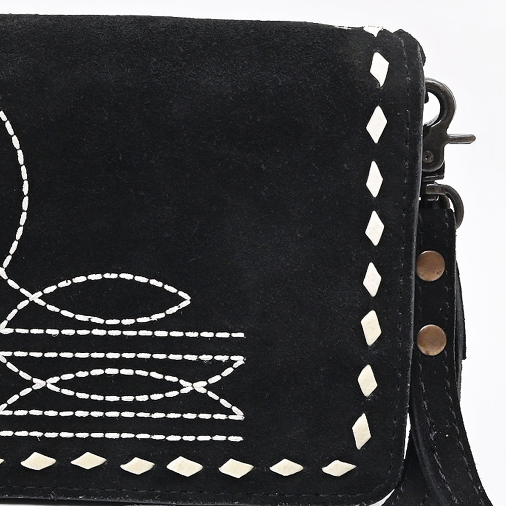 ADBG1717 Western Black Genuine suede Wallet Bag with White Stitch Embroidery