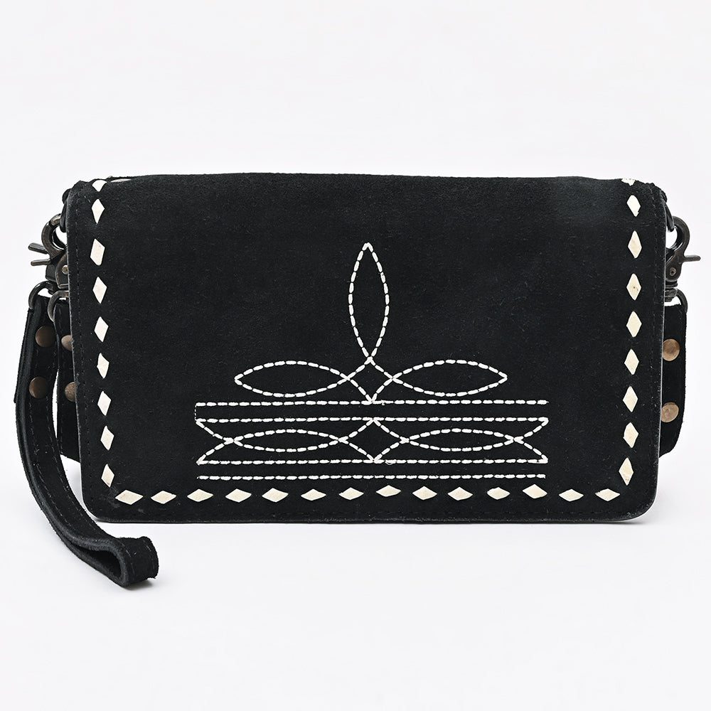 ADBG1717 Western Black Genuine suede Wallet Bag with White Stitch Embroidery