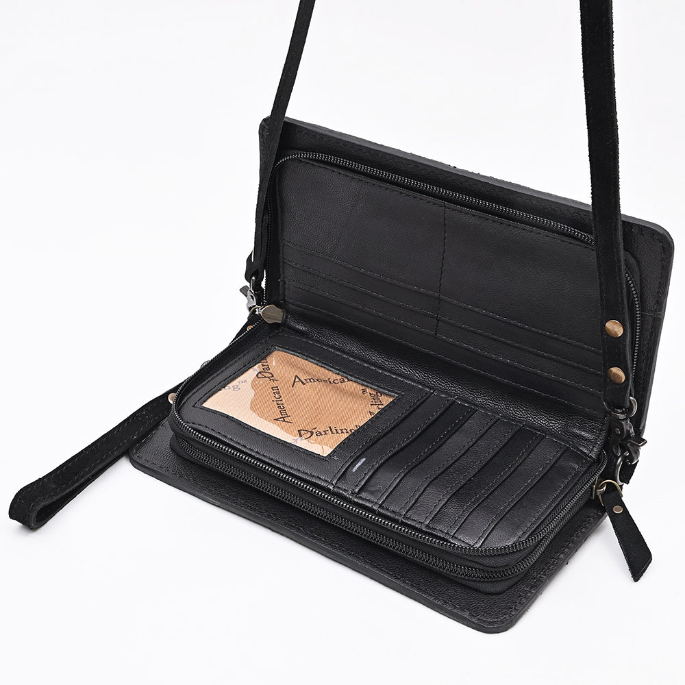 ADBG1717 Western Black Genuine suede Wallet Bag with White Stitch Embroidery
