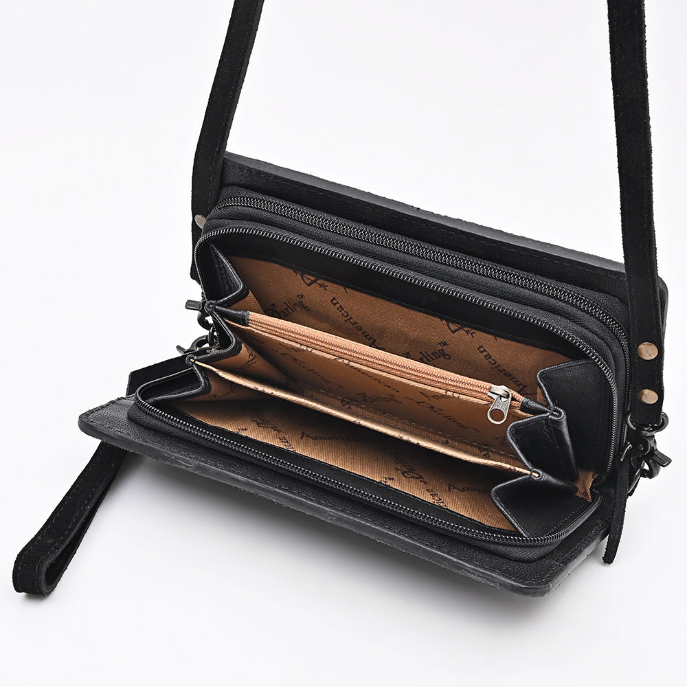 ADBG1717 Western Black Genuine suede Wallet Bag with White Stitch Embroidery