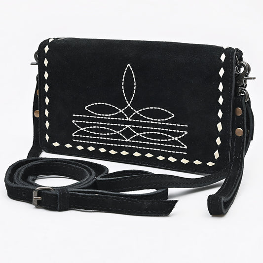 ADBG1717 Western Black Genuine suede Wallet Bag with White Stitch Embroidery