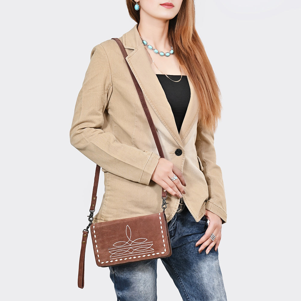 ADBG1717 Genuine suede Leather Wallet Bag with White Western Stitch Embroidery