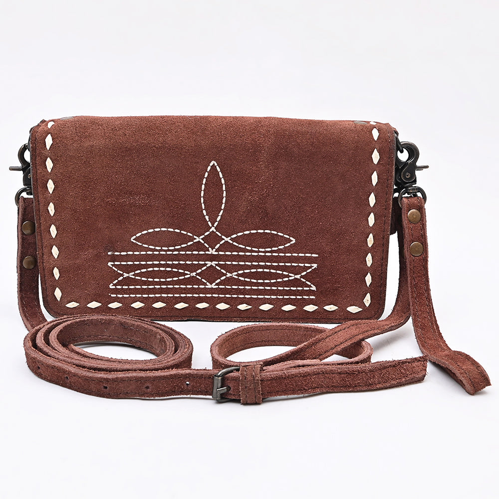 ADBG1717 Genuine suede Leather Wallet Bag with White Western Stitch Embroidery