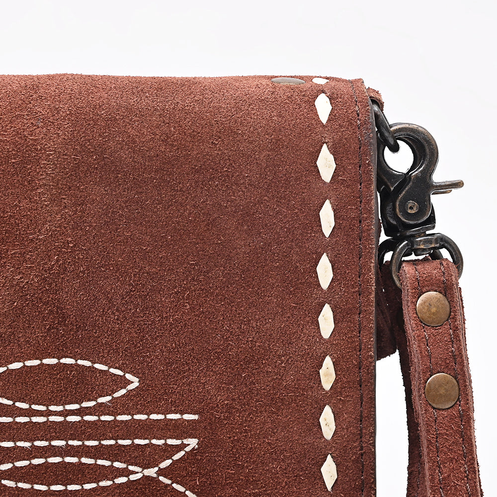 ADBG1717 Genuine suede Leather Wallet Bag with White Western Stitch Embroidery