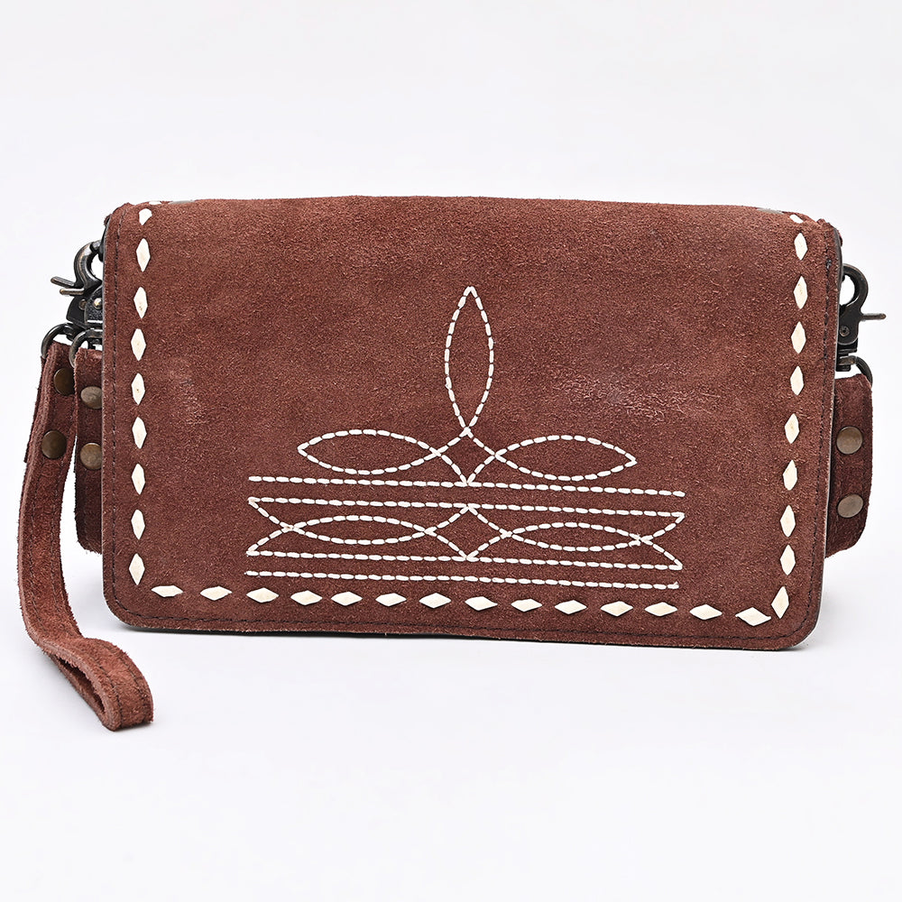 ADBG1717 Genuine suede Leather Wallet Bag with White Western Stitch Embroidery
