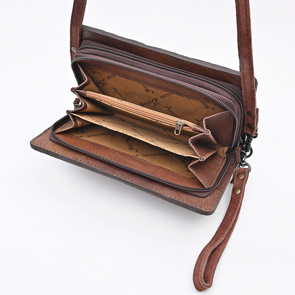 ADBG1717 Genuine suede Leather Wallet Bag with White Western Stitch Embroidery