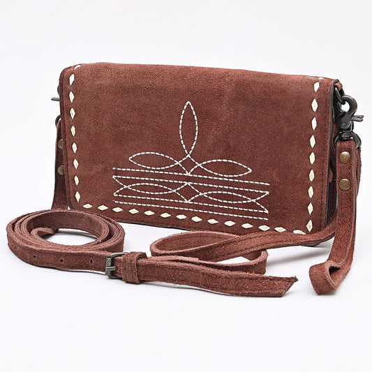ADBG1717 Genuine suede Leather Wallet Bag with White Western Stitch Embroidery