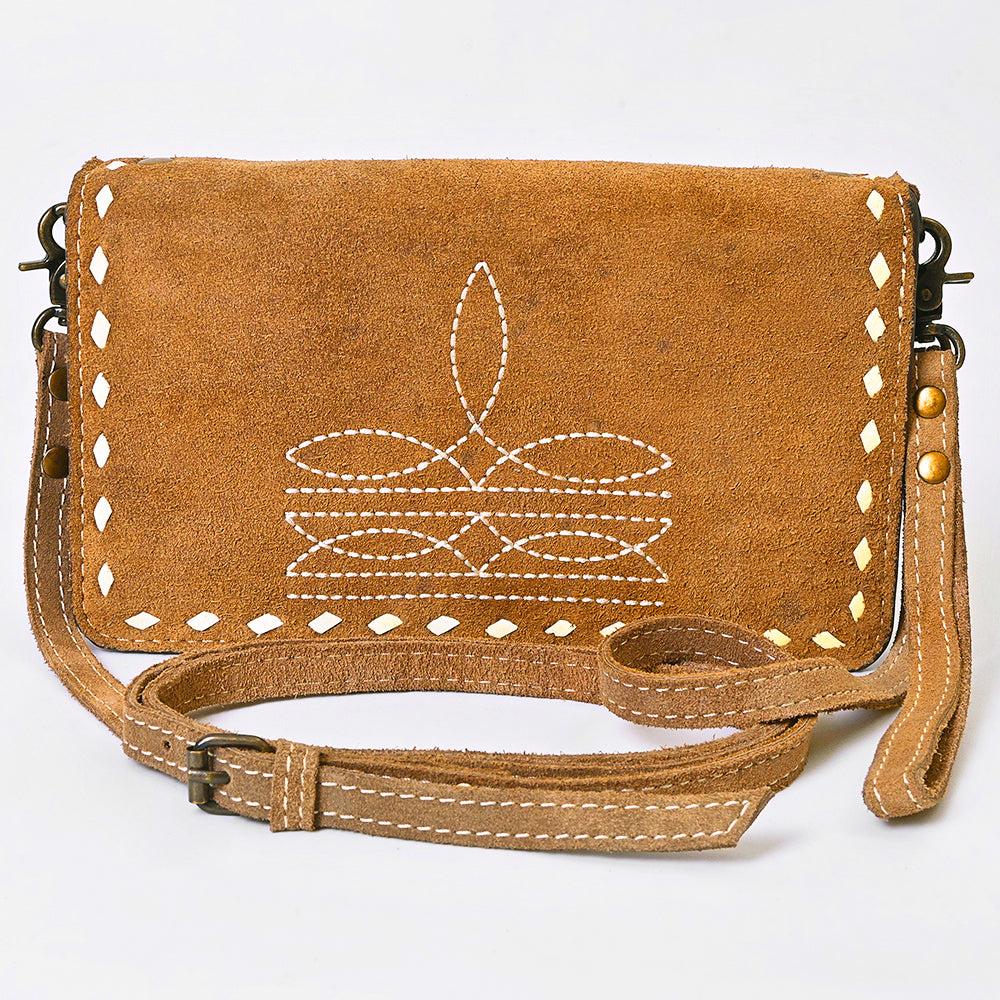 ADBG1717 Genuine suede Leather Wallet Bag with White Western Stitch Embroidery