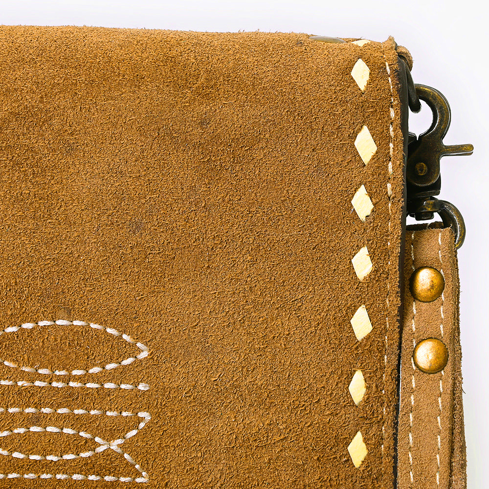 ADBG1717 Genuine suede Leather Wallet Bag with White Western Stitch Embroidery