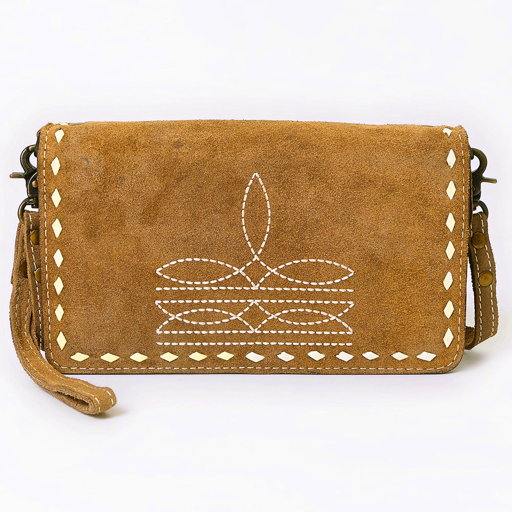 ADBG1717 Genuine suede Leather Wallet Bag with White Western Stitch Embroidery