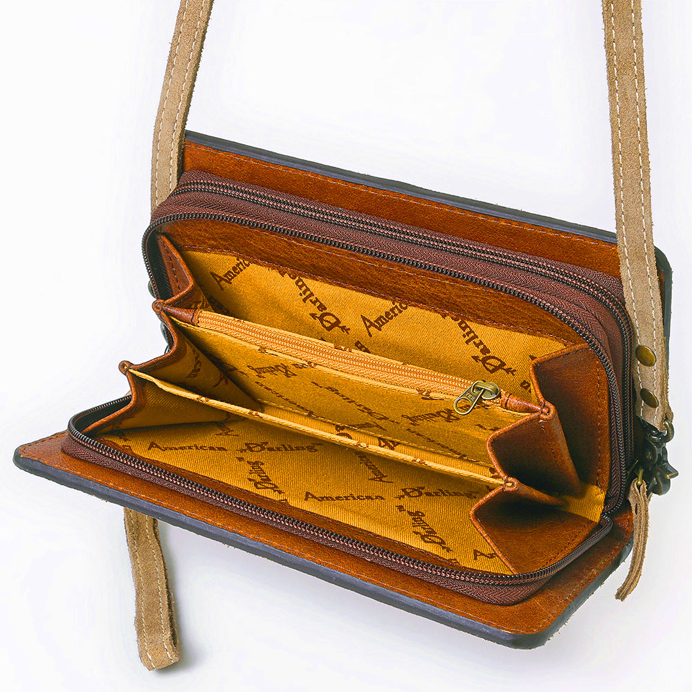 ADBG1717 Genuine suede Leather Wallet Bag with White Western Stitch Embroidery