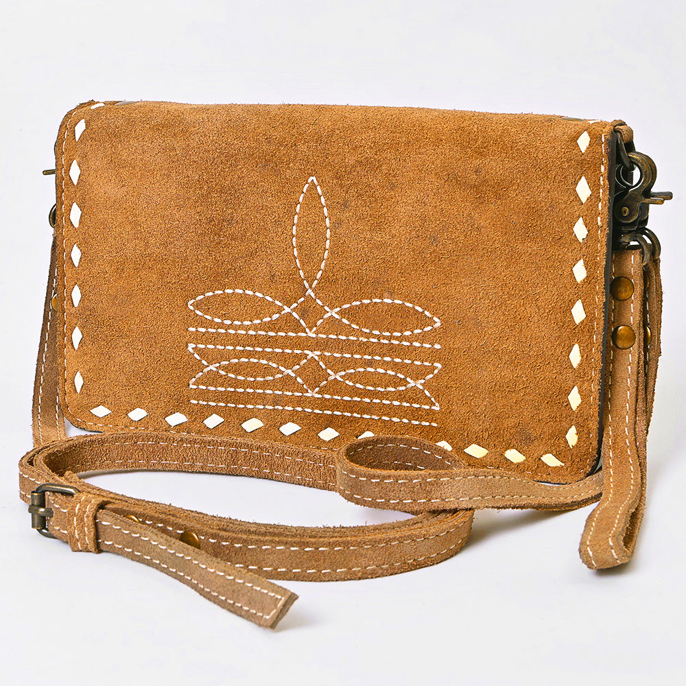 ADBG1717 Genuine suede Leather Wallet Bag with White Western Stitch Embroidery