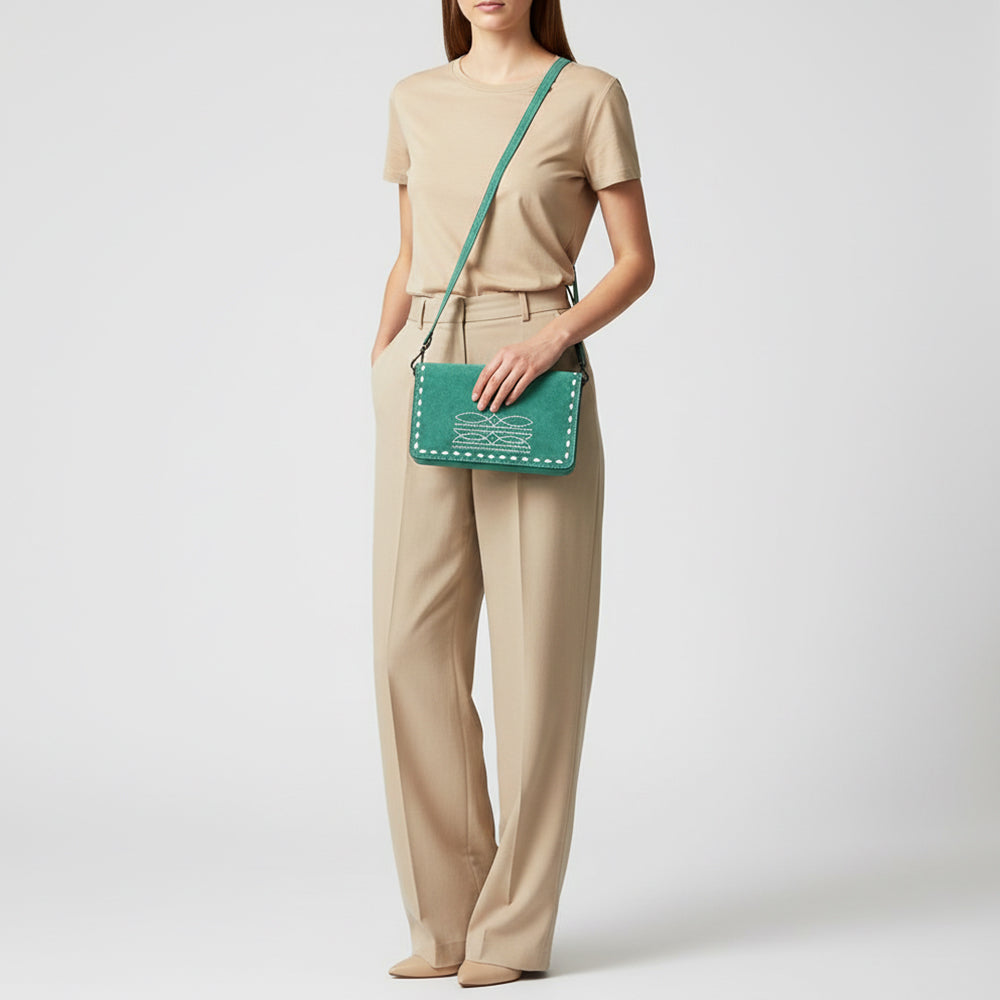 ADBG1717 Genuine suede Leather Wallet Bag with White Western Stitch Embroidery