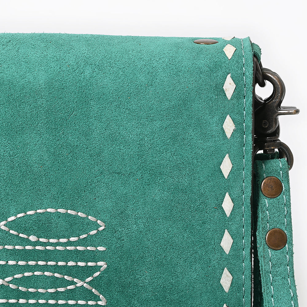 ADBG1717 Genuine suede Leather Wallet Bag with White Western Stitch Embroidery