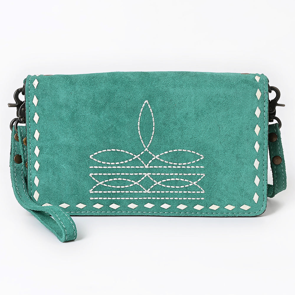 ADBG1717 Genuine suede Leather Wallet Bag with White Western Stitch Embroidery