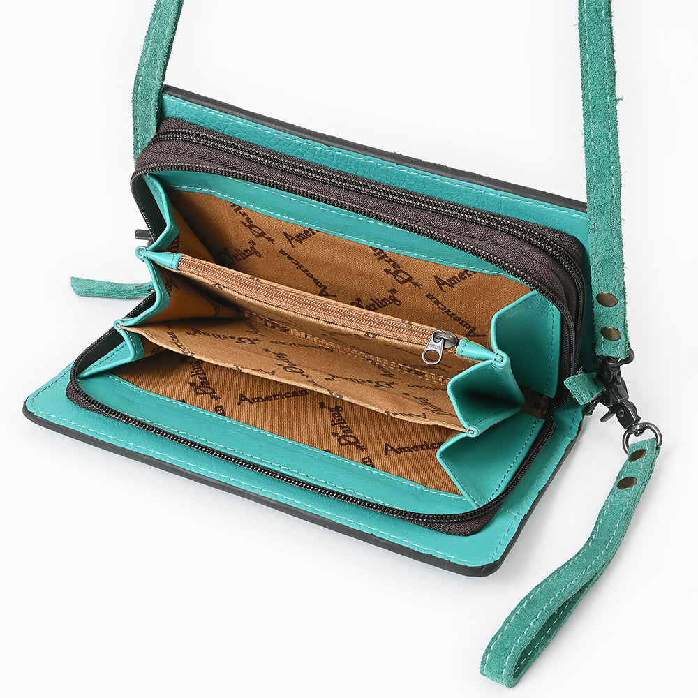 ADBG1717 Genuine suede Leather Wallet Bag with White Western Stitch Embroidery