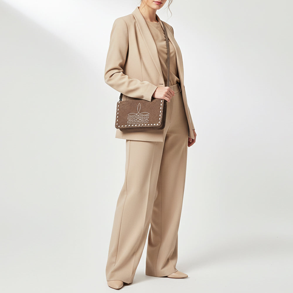 ADBG1717 Genuine suede Leather Wallet Bag with White Western Stitch Embroidery