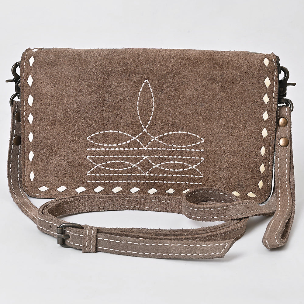 ADBG1717 Genuine suede Leather Wallet Bag with White Western Stitch Embroidery