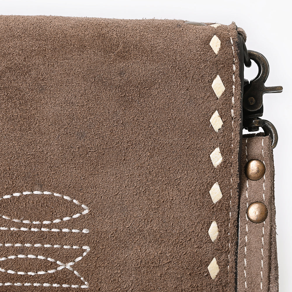 ADBG1717 Genuine suede Leather Wallet Bag with White Western Stitch Embroidery
