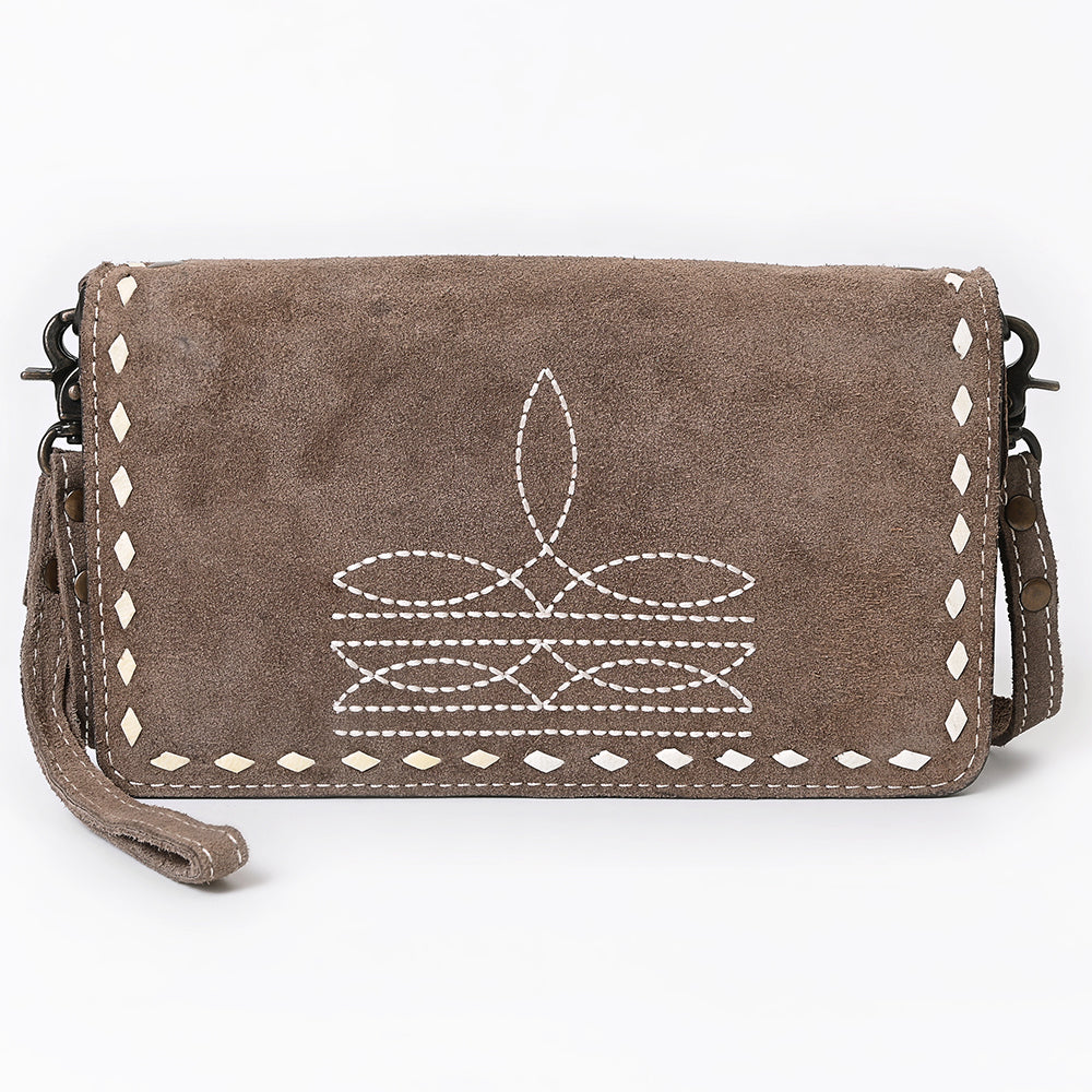 ADBG1717 Genuine suede Leather Wallet Bag with White Western Stitch Embroidery