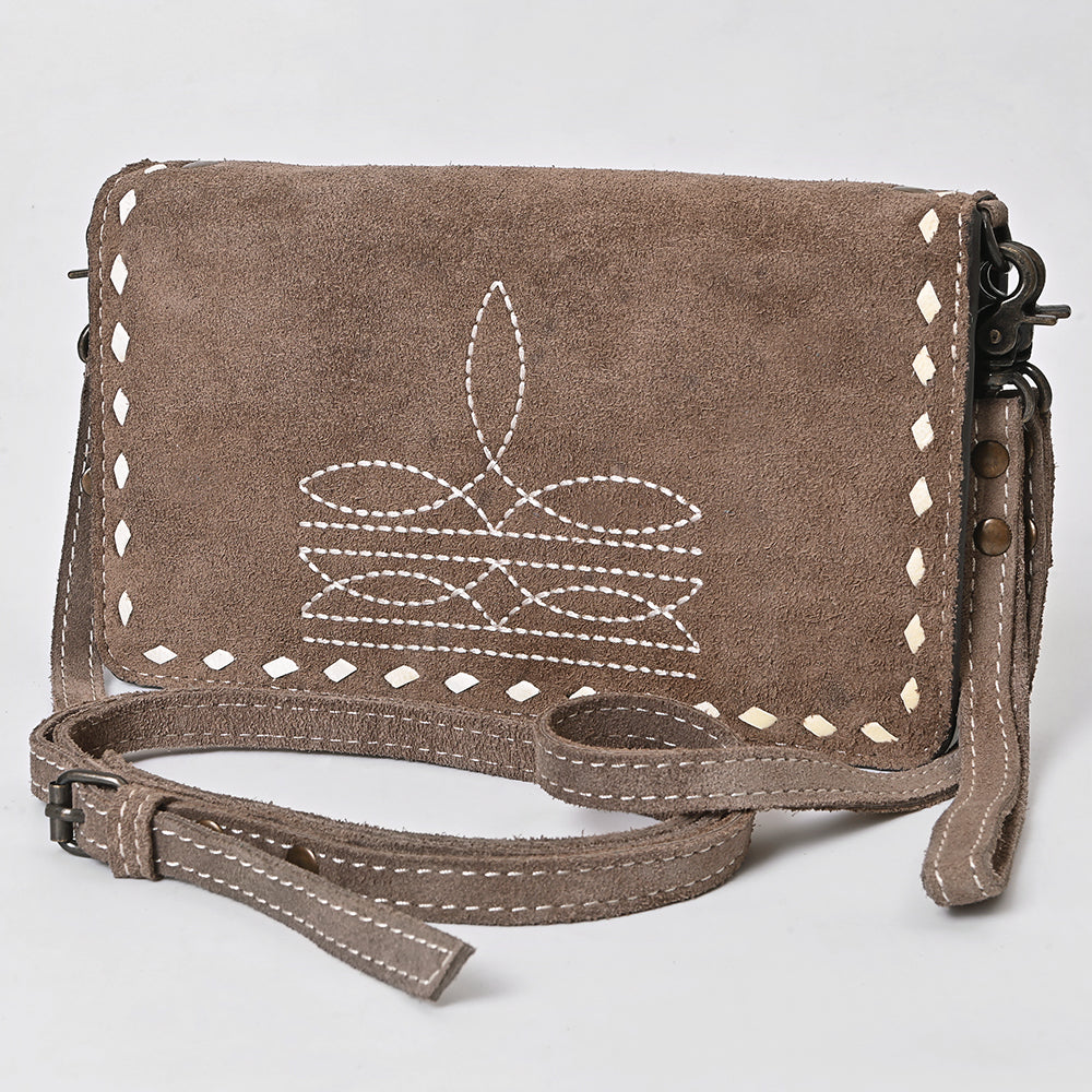 ADBG1717 Genuine suede Leather Wallet Bag with White Western Stitch Embroidery