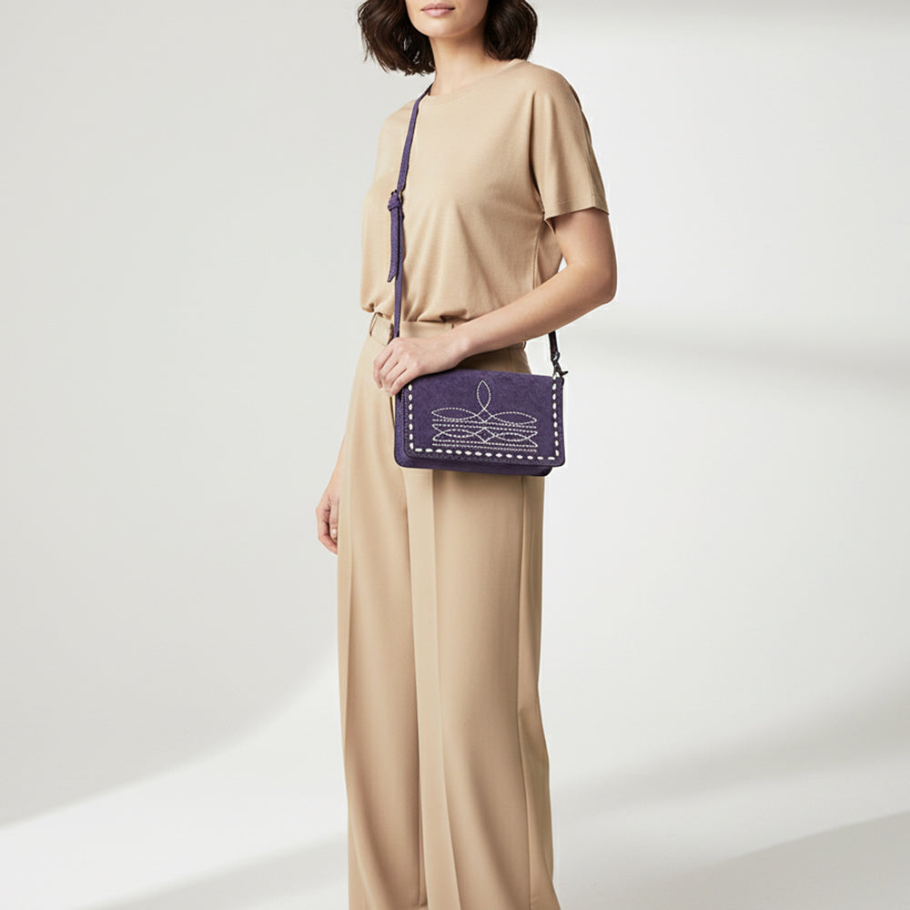 ADBG1717 Genuine suede Leather Wallet Bag with White Western Stitch Embroidery