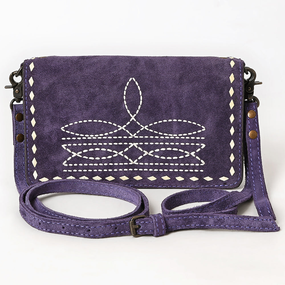 ADBG1717 Genuine suede Leather Wallet Bag with White Western Stitch Embroidery