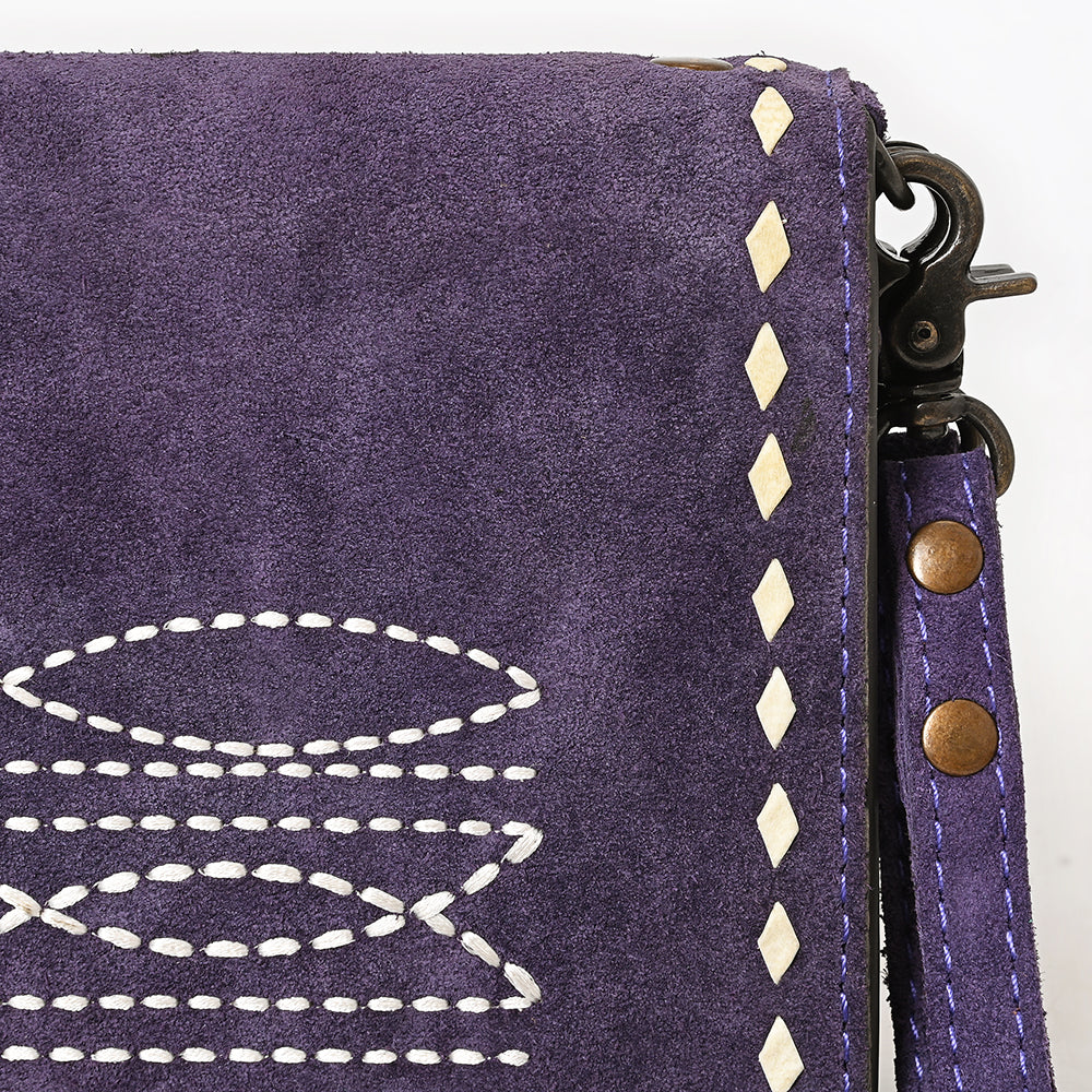 ADBG1717 Genuine suede Leather Wallet Bag with White Western Stitch Embroidery