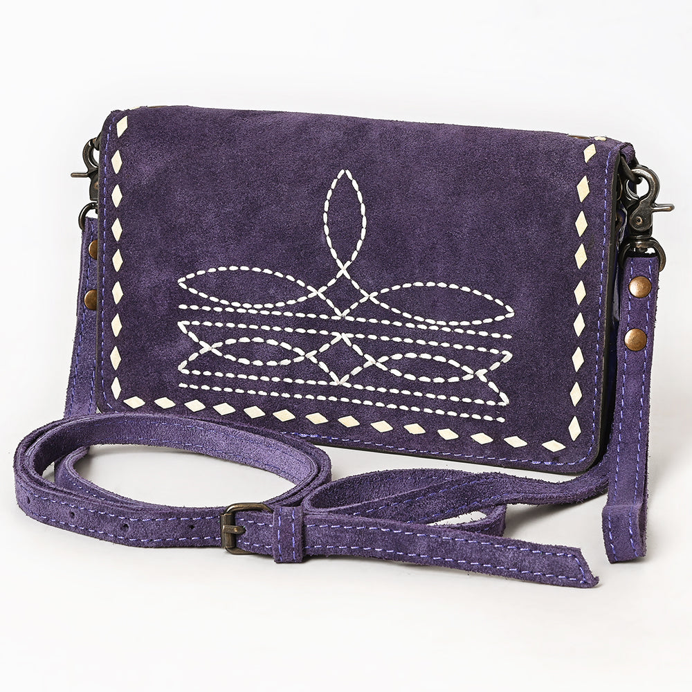 ADBG1717 Genuine suede Leather Wallet Bag with White Western Stitch Embroidery