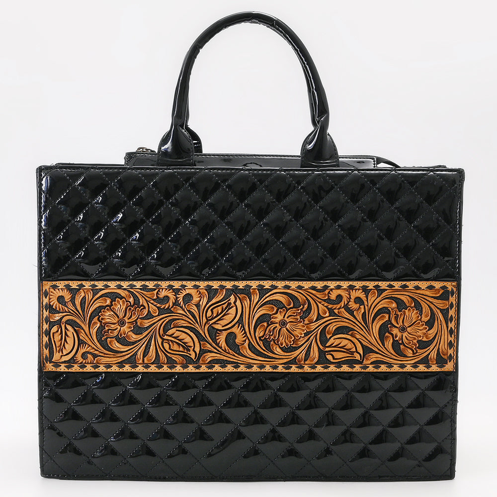 ADBGA775 Glossy Black Quilted Leather Tote - Western Floral Tooled Band with Double Handles
