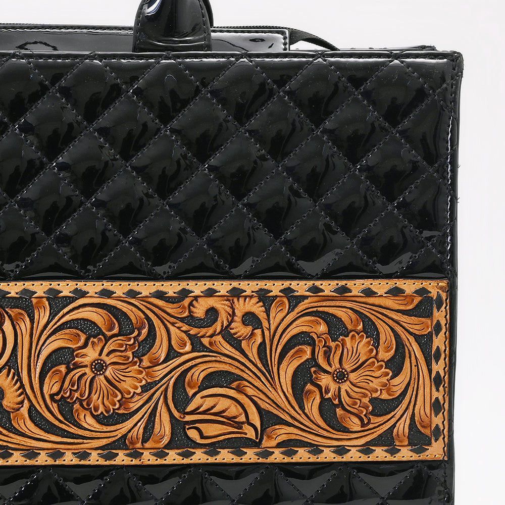 ADBGA775 Glossy Black Quilted Leather Tote - Western Floral Tooled Band with Double Handles