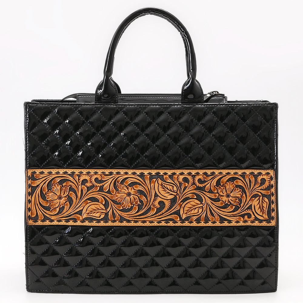 ADBGA775 Glossy Black Quilted Leather Tote - Western Floral Tooled Band with Double Handles