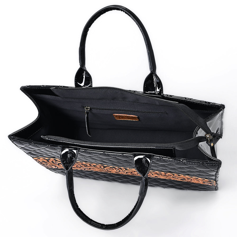 ADBGA775 Glossy Black Quilted Leather Tote - Western Floral Tooled Band with Double Handles