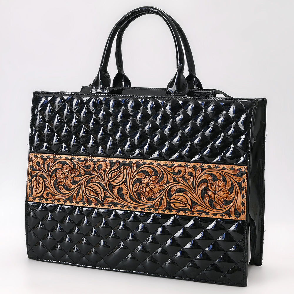 ADBGA775 Glossy Black Quilted Leather Tote - Western Floral Tooled Band with Double Handles
