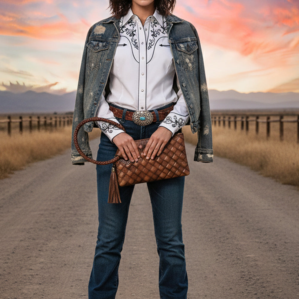 ADBGM615 Western Clutch - Quilted Genuine Leather Wristlet with Braided Handle & Tassel