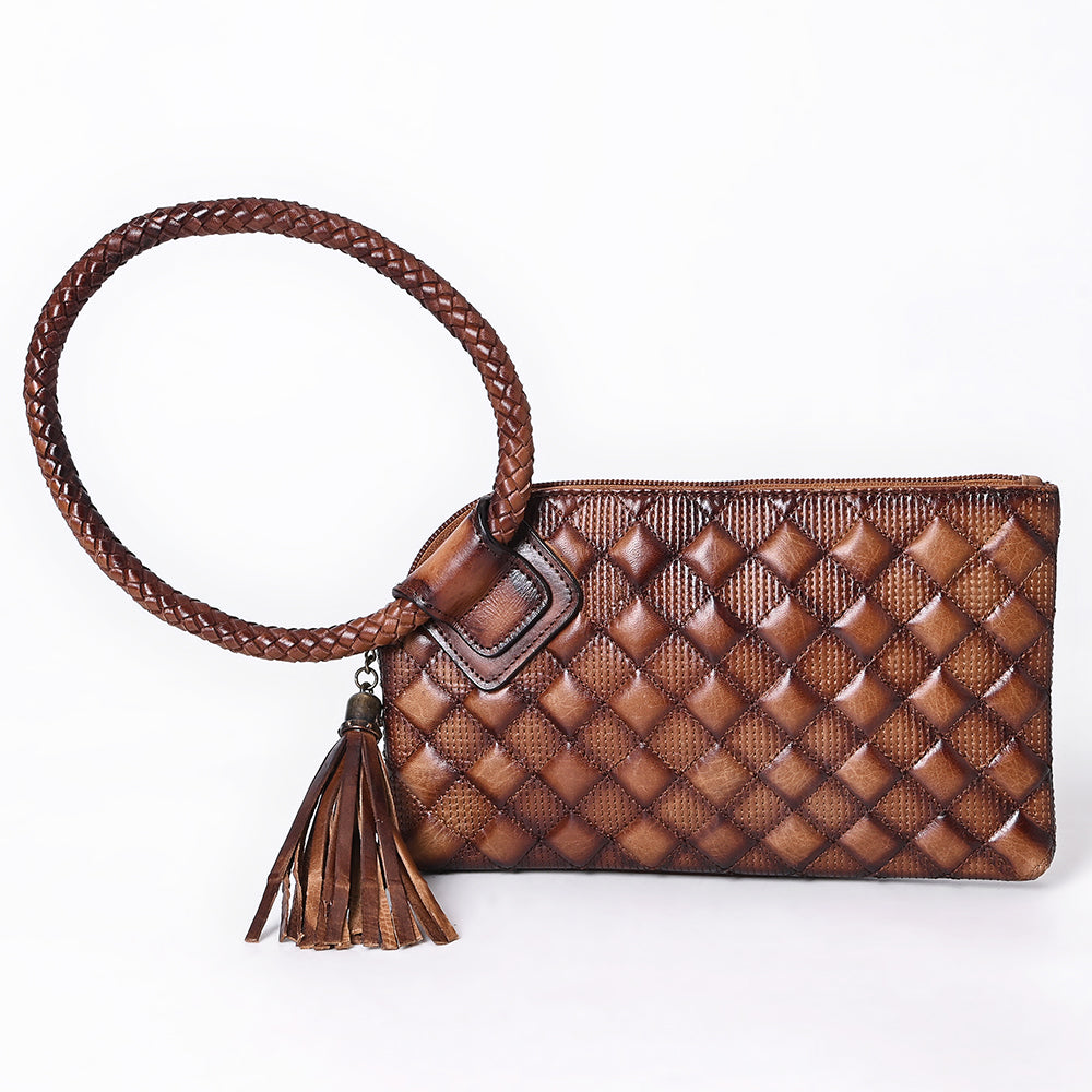 ADBGM615 Western Clutch - Quilted Genuine Leather Wristlet with Braided Handle & Tassel