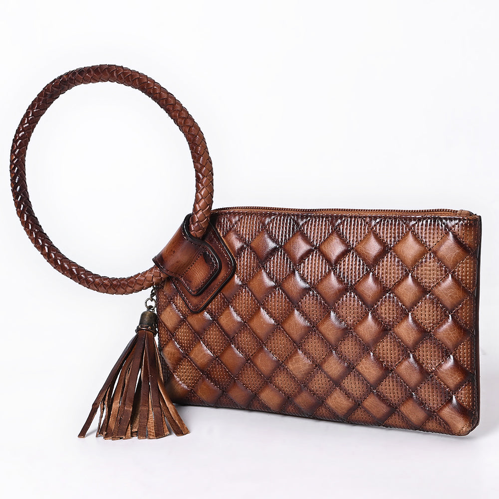 ADBGM615 Western Clutch - Quilted Genuine Leather Wristlet with Braided Handle & Tassel